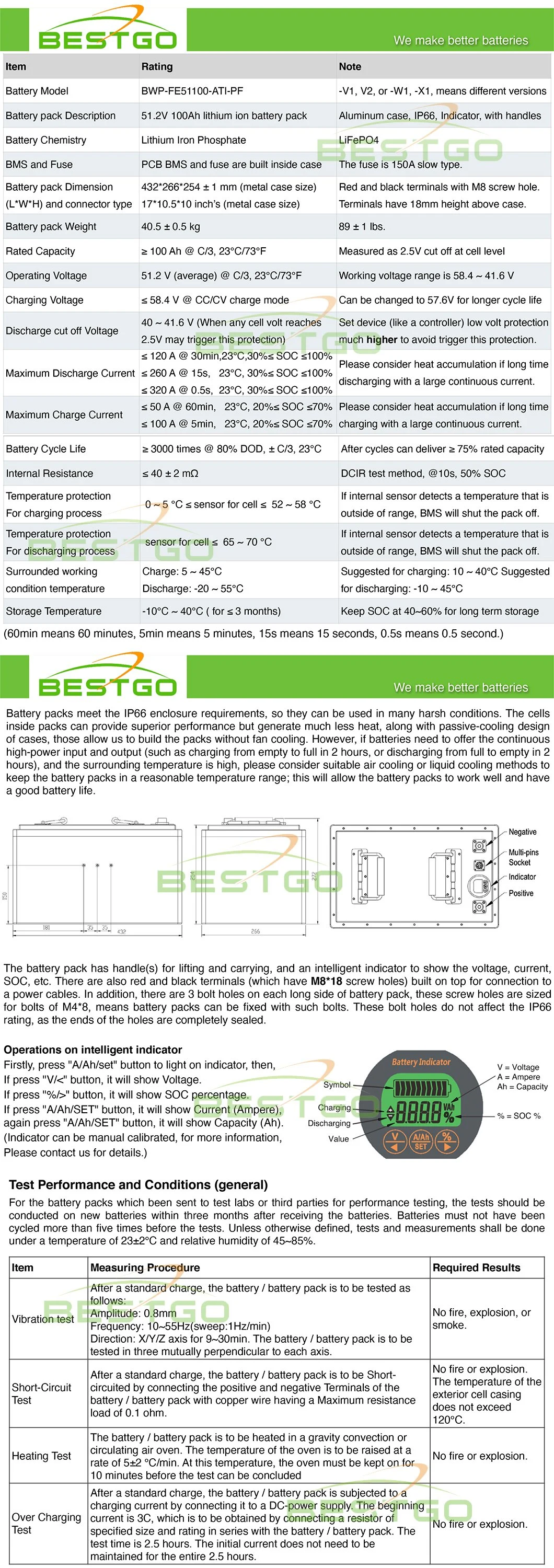 Bestgo Lithium Battery 48V 100ah LiFePO4 Battery Pack for Golf Cart/EV/Solar Energy Storage/Agv